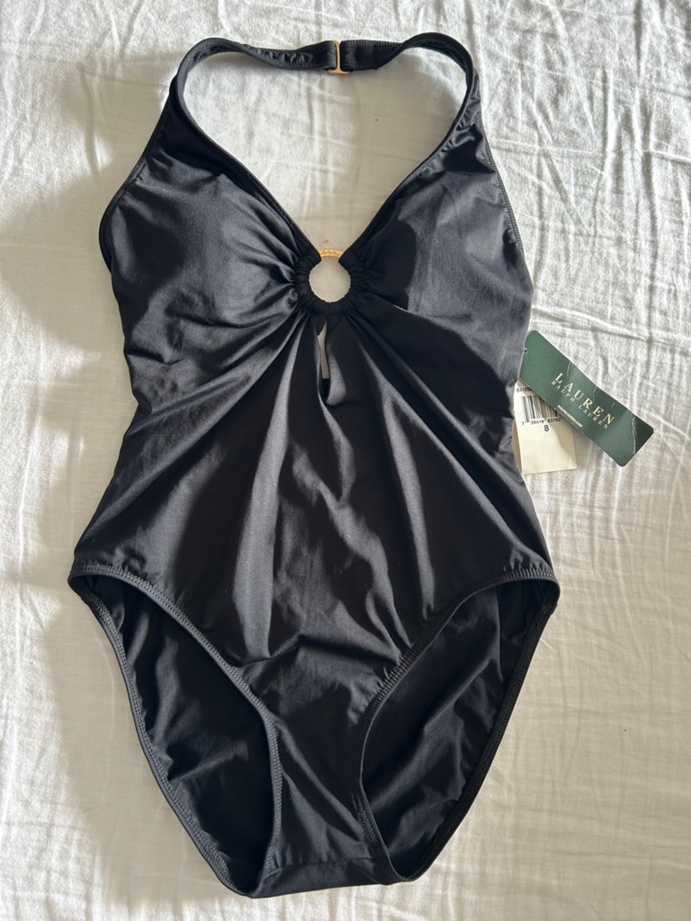 Vintage Ralph Lauren Black One-Piece Halter Swimsuit with Gold Ring Accent